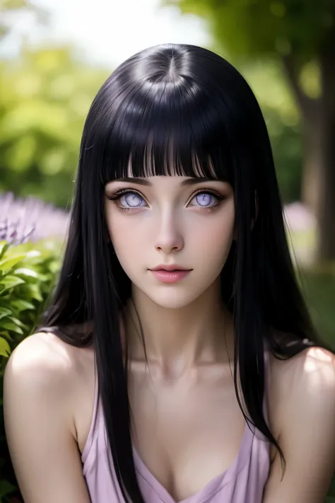 masterpiece, cinematic look, breast :1.1, HDR : 1.2, ultra lightening, ultra detailed, high quality 8k resolution, background: in garden of purple petal trees, highly detailed image, light hearted smirk, exposed navel,body image from head to thighs,  Hinat...