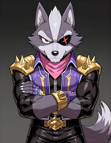 Wolf O'Donnell, Red Eye, Right Eyepatch, Purple Fingerless Gloves, Gold Buckle, pants, half body, arms crossed, stern face, looking at viewer, Pink Kerchief, Purple Sleeveless Jacket, Black Bodysuit, muscular