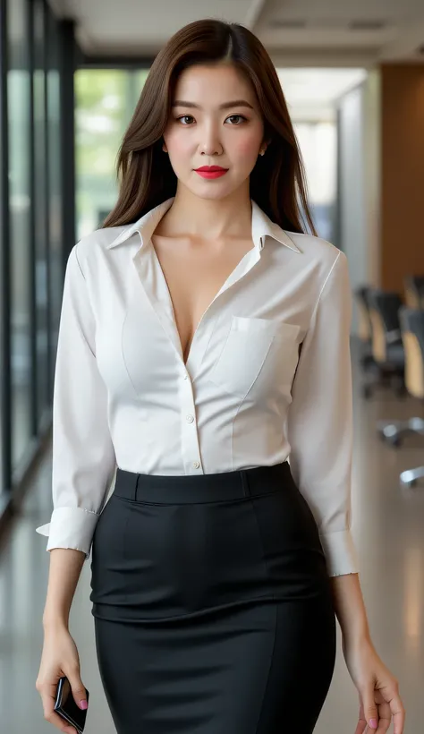 an office lady, standing in office, use a long closed shirt in a fold over a white skirt,  use a long skirt to the knee in black, big boobs, red lips, long hair,  slim waist,