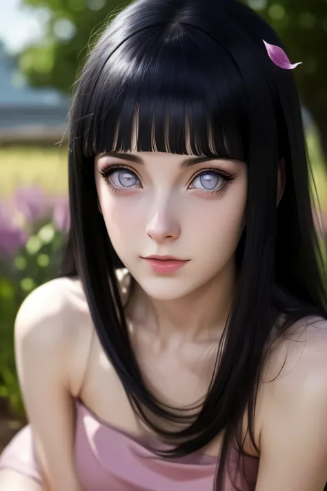 masterpiece, cinematic look, breast :1.1, HDR : 1.2, ultra lightening, ultra detailed, high quality 8k resolution, background: in garden of purple petal trees, highly detailed image, light hearted smirk, exposed navel,body image from head to thighs,  Hinat...