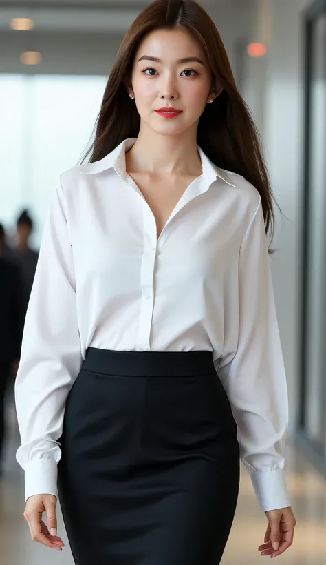 an office lady, standing in office, use a long unfolded closed shirt in a white skirt,  use a long skirt to the knee in black, big boobs, red lips, long hair,  slim waist,