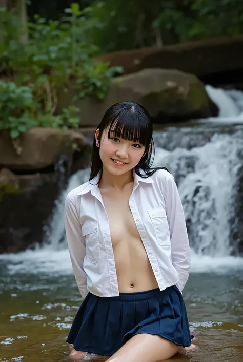 Beautiful Japanese girl of slender build with beautiful long black hair, 160cm tall, happy expression, small breasts, erect nipples, shiny skin, OliedSkin. She's wearing dark blue pleated skirt and wide-open white sailor shirt. Swimming in a river at night...