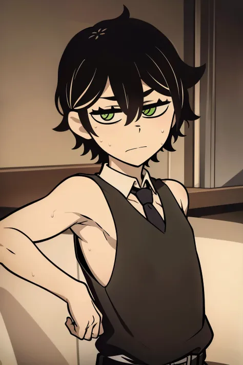 Highres, Masterpiece, Best quality at best,Best Quality,hight quality, hight detailed, Anime style, 1boy, Shota, young boy, Solo person, Young andy graves, hair between eyes, closed mouth,black hair, green eyes, Slim body, messy hair, bright pupils, look a...
