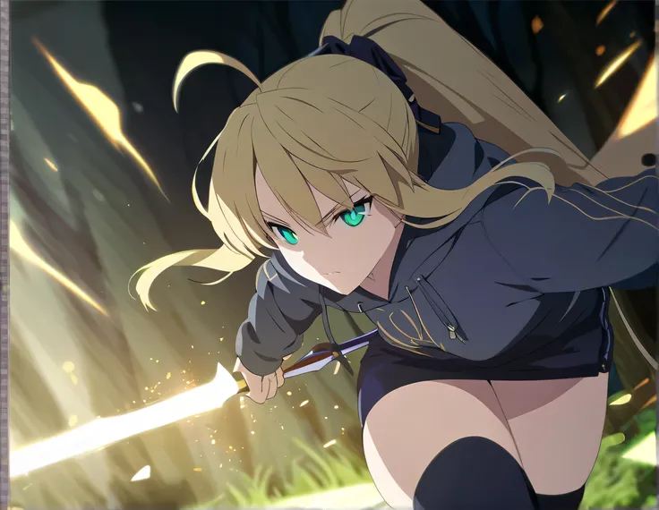 1female, beautiful face, mature woman, firm breasts, blond hair in a ponytail, long hair, detailed eyes, detailed pupils, bright green pupils, beautiful woman, Artoria Pendragon Ruler ((Fate)), Wearing a gray hoodie, black mini skirt, black thigh-high sock...