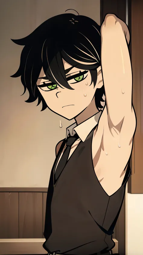 Highres, Masterpiece, Best quality at best,Best Quality,hight quality, hight detailed, Anime style, 1boy, Shota, young boy, Solo person, Young andy graves, hair between eyes, closed mouth,black hair, green eyes, Slim body, messy hair, bright pupils, look a...
