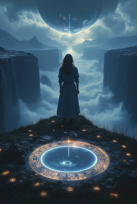 woman standing at a cliff with a low battery emoji above his head, cleavage desolate dystopia void realm outdoor at nighttime, glowing planet in the sky, foggy , glowing hieroglyphs in the grass, a glowing hieroglyph energy orb portal                      ...