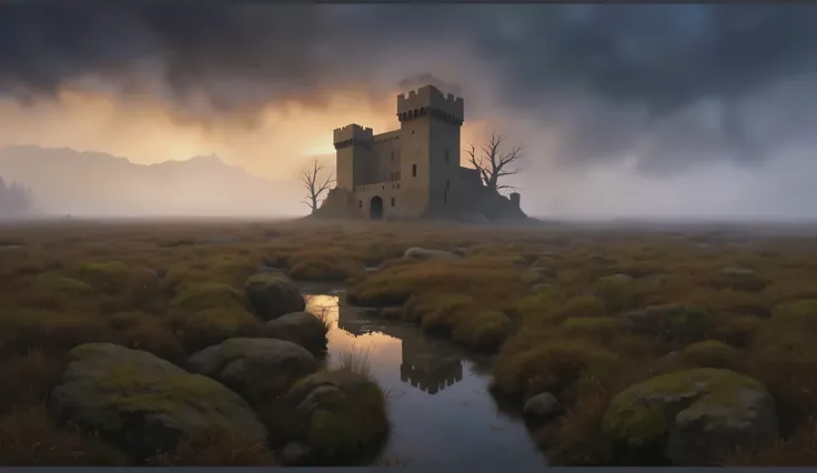 An old stone medieval castle overgrown with moss stands in the center of the frame in a swampy area surrounded by fog, stones and boulders are located around the castle, small puddles of swamp, in the foreground is a small pond overgrown with greenery. On ...