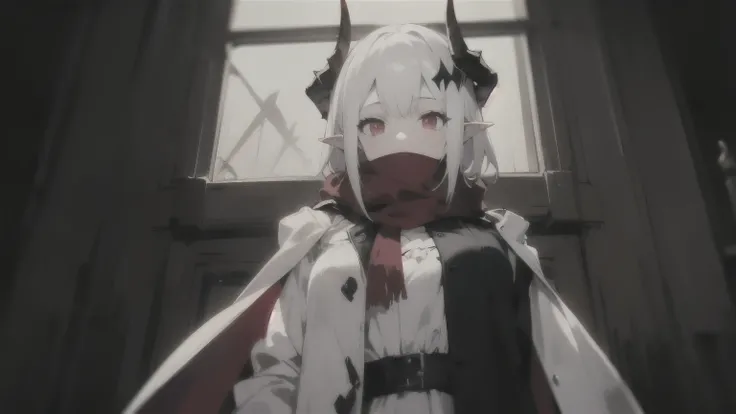 1girl, Dragon Girl, Fantasy creature characteristics, Mythological Creatures, Demon Girl, Vampire style, (highly detailed, masterpiece:1.2), Two pairs of upstraight short horns above the ears, black horns, slit pupils, Upright ears, white hair, (red eyes),...