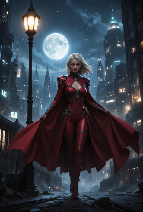 comic art, fantasy art, RPG art, ultra wide shot, a picture of a mysterious woman standing under the steampunk streetlamp, in the big city, a beautiful mature woman, elegant woman, dynamic hair color, dynamic hair style, wearing intricate deep red leather ...