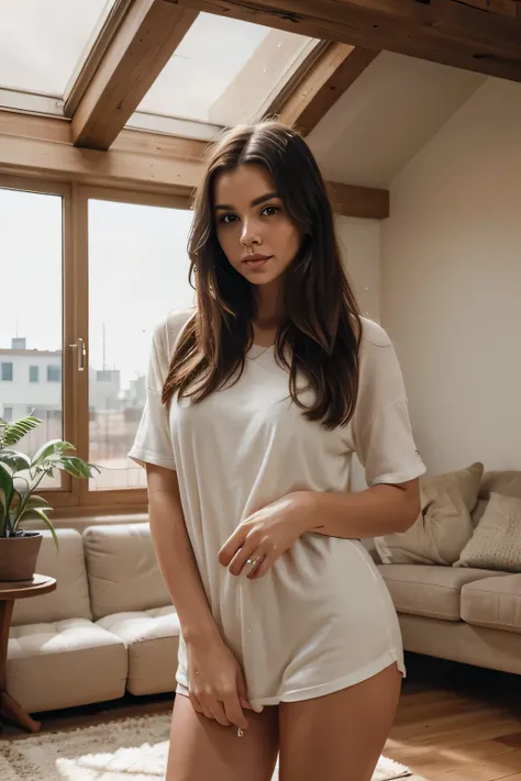 a captivating influencer, long dark brown hair, leisurely cleaning up her modern styled appartment, photorealistic, cinematic lighting, intricate details, elegant pose, warm color tones, natural daylight, plush furniture, potted plants, minimalist decor, h...