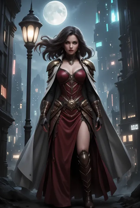 comic art, fantasy art, RPG art, ultra wide shot, a picture of a mysterious woman standing under the steampunk streetlamp, in the big city, a beautiful mature woman, elegant woman, dynamic hair color, dynamic hair style, wearing intricate deep red leather ...