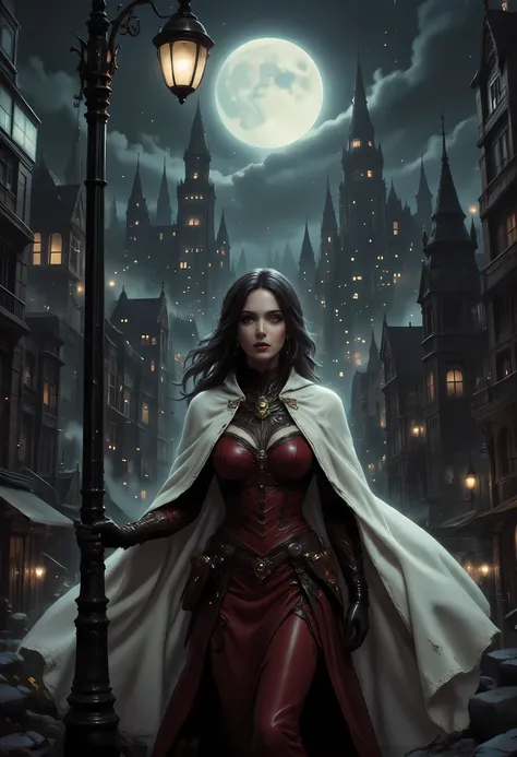 comic art, fantasy art, RPG art, ultra wide shot, a picture of a mysterious woman standing under the steampunk streetlamp, in the big city, a beautiful mature woman, elegant woman, dynamic hair color, dynamic hair style, wearing intricate deep red leather ...