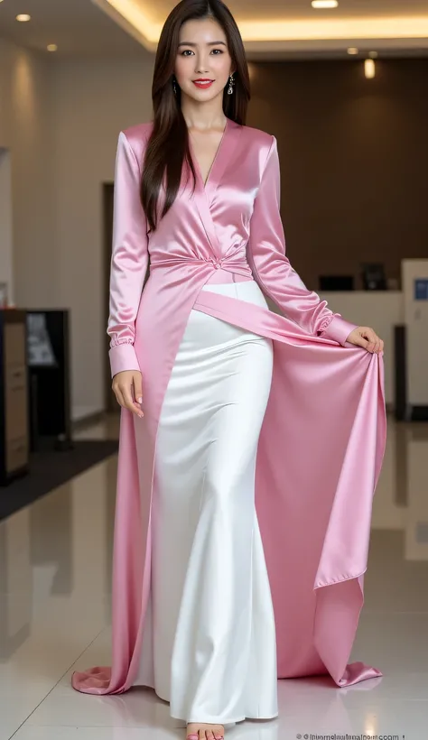 an office lady, standing in office, use a casual shirt in pink satin material elongated out, use a long skirt to the knee of satin material of white color, big boobs, red lips, long hair,  slim waist,