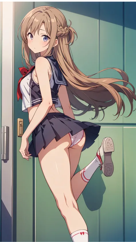 Anime girl in a miniskirt leaning against the door、masterpiece,　highest quality、片足立ちstanding split,Girl Showing Panties、 Hair、long hair、In town、beautiful legs　Slender Legged High School Student　Super amazing skin　 white loose socks