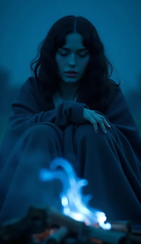 A full body frontal shot of a beautiful woman with dark wavy hairstyle, ((very pale skin)), looking down at the ground, sitting in front of a campfire burning with a blue flame, wrapped in a monochromatic blanket, cinematic shot, cinematic composition, por...