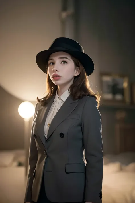 movie「Casablanca」Emma Roberts who plays the role of Ingrid Bergman in. She wears a classic grey hat with a black band. Grey suit. abroad. At night. fog. Blurry Background, Emma Roberts playing Ingrid Bergman in Lockheed Model 12 Electra Junior Airplane. 19...