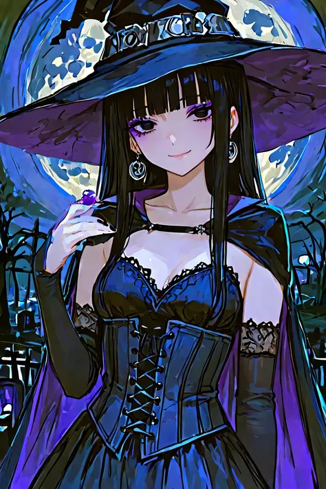 1girl, solo, earrings, jewelry, witch_hat, cape, blunt_bangs, black_eyes, long_hair, moon, smile, black_hair, bangs, looking_at_viewer, elbow_gloves, night, full_moon, collarbone, black_headwear, gloves, dress, corset, closed_mouth, small_breasts, hallowee...