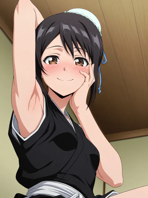 masterpiece, best quality, amazing quality, anime screencap, anime coloring, 1girl, solo, momohinamori, black hair, single hair bun, bun cover, brown eyes, small breasts, japanese clothes, black kimono, sleeveless, bare shoulders, bare arms, arm behind hea...