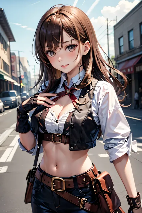 Helena Harper Survivor, 1 girl, fingerless gloves, brown hair, chest元, chest, , belt, midriff, brown eyes, vest, Cowboy Shooting