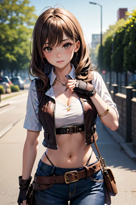 Helena Harper Survivor, 1 girl, fingerless gloves, brown hair, chest元, chest, , belt, midriff, brown eyes, vest, Cowboy Shooting