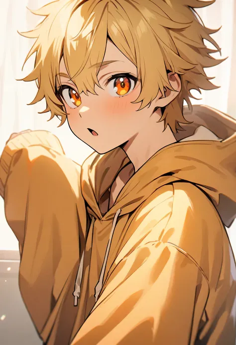 MASTERPIECE、最high quality、high quality、1 Boy、solo、male focus、viewers、upper body、、mouth_Inuzuka、spike hair、blond hair、orange eyes、、Oversized Hoodie