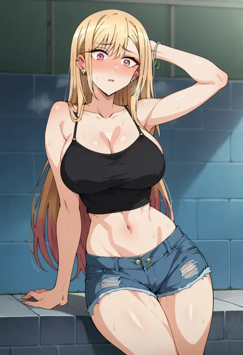 score_9, score_8_up, score_7_up, source_anime, multicolored hair, blonde hair, long hair, magenta eyes, ear piercing, earrings, large breasts, nose blush, sweat, sweaty, sweaty:1.3, makeup, shiny skin, shiny hair, shiny body, clear body, black camisole, de...