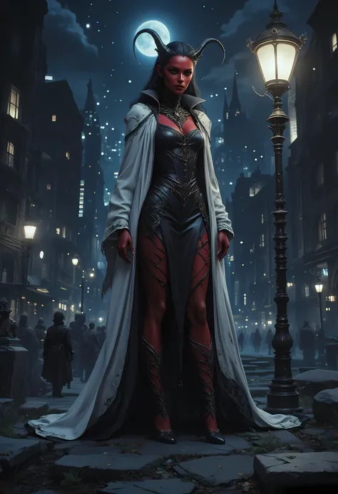 masterpiece, absurdres, incredibly absurdres, best quality, comic art, fantasy art, a portrait of a mysterious demoness standing under the streetlamp lit by soft starlight, in the big city, a beautiful demoness, elegant demoness, red skin, serpentine black...