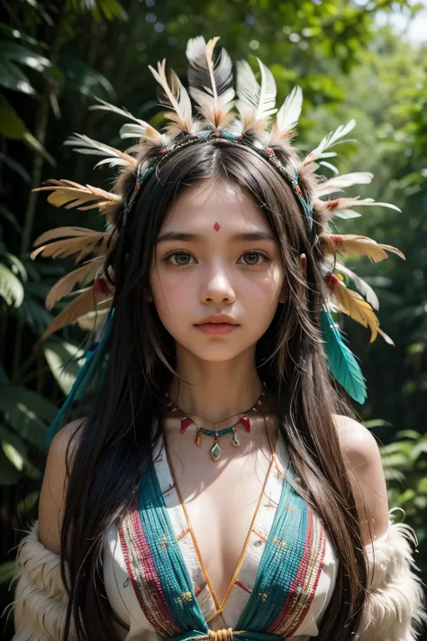 A young indigenous girl, approximately , standing facing forward in the middle of a vibrant tropical forest. She looks directly at the viewer with a soft, curious expression. Her skin is fair with a subtle sun-kissed tone. She has delicate facial features,...