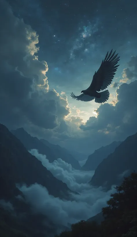 A dark fantasy night scene of a magic eagle flying in the night sky. The night sky is vast and layered, filled with drifting clouds and shimmering stars, while subtle mist swirls in the valley below, adding mystery and depth. This is a photorealistic yet f...