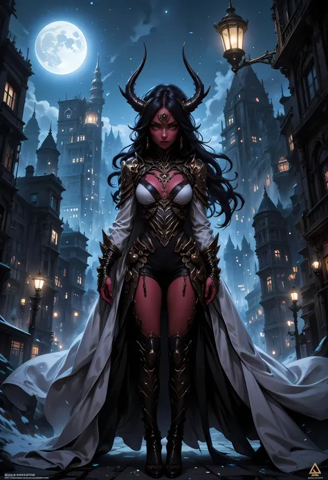 masterpiece, absurdres, incredibly absurdres, best quality, comic art, fantasy art, a portrait of a mysterious demoness standing under the streetlamp lit by soft starlight, in the big city, a beautiful demoness, elegant demoness, red skin, serpentine black...