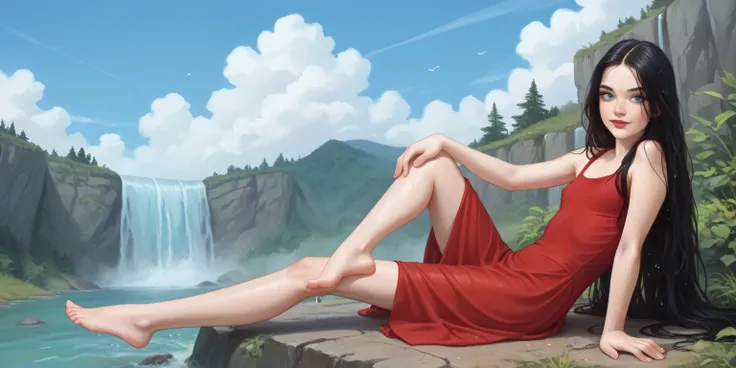 A age girl sitting,  long red dress ,  Covered Leg , straight black hair breasts,  very long hair, freckles, detailed ribs,  flat breasted, small breasts, full body, small bare feet, red lips, eyeliner,  smile, waterfall, clouds,  blue sky, perfect nails, ...