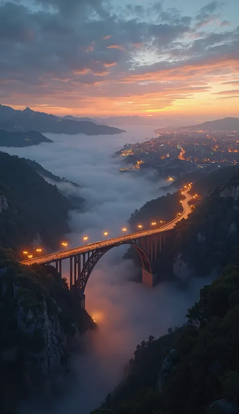 A breathtaking aerial view of the Viadotto Bisantis bridge at twilight, captured from a high perspective. The bridge stands as a monumental arc over the deep valley, with its structure elegantly illuminated by scattered streetlights. Below, the valley is s...