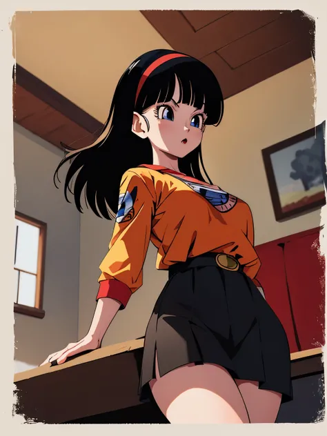 masterpiece, best quality, high resolution, dragon ball, black hair with feathery stripes, medium hair,  blunt bangs ,  diadema roja, medium breasts, camisa blanca,  black skirt , cowboy shot, inside,  of foot, dragon ball z background 