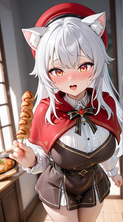 
1 , Alone, tem, Blush,  long hair,  Yellow Eyes, Open mouth, holding, red hat, food, killed,  white hair , pepino, capeleT, long sleeve clothing, holding food,  virtual YouTuber, nose Blush, Sweat,  dress, suggestively sexual, gray hair

 


 ,masterpiece...