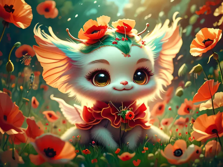 whimsical airbrush and oil painting, best angle of a Very cute mythical graceful transparent anthropomorphic red poppy spirit holds poppy, thin arms, fragile thread legs, red poppy spirit, Mystical field where poppy grows in a professional photograph by Aw...