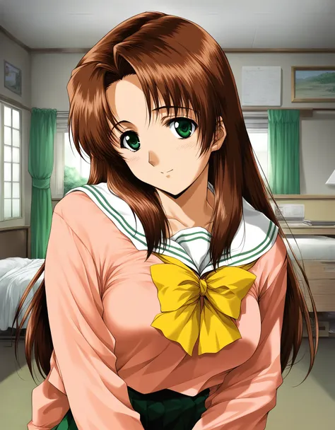 score_9, score_8_up, score_7_up, source_anime, rating_explicit, BREAK  FujimaMoeko, brown hair, breasts, green eyes, long hair,
1girl, solo, school uniform, long sleeves, bow, serafuku, indoors, yellow bow, shirt,
apartment house, room,