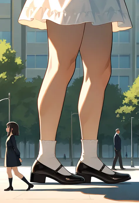 (cute tall males walking outside: 1.2), side view, full body, (height difference: 1.1), a woman on the ground, (macro size: 1.1), (closeup legs), dresses