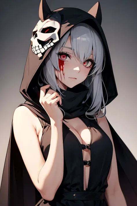 Woman, 30 years old, face whose right half is covered by a skelleton carnival mask. Her eyes are blood red, gray hair, medium length and with a fringe that overlaps the skull. She wears a black and silver dress with a hood