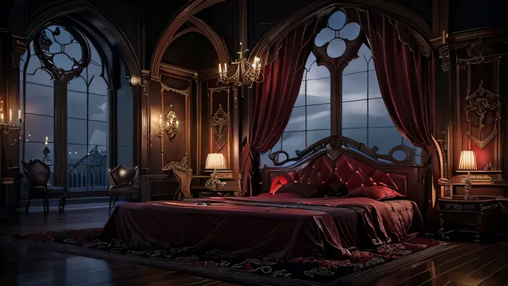 arafed bedroom with a large bed and a large window, gothic mansion room, inside gothic doll manor bedroom, inside an epic gothic castle, gothic interior, gothic atmosphere, dark fantasy setting, dark bedroom, gothic rich deep colors, room of a dark mansion...