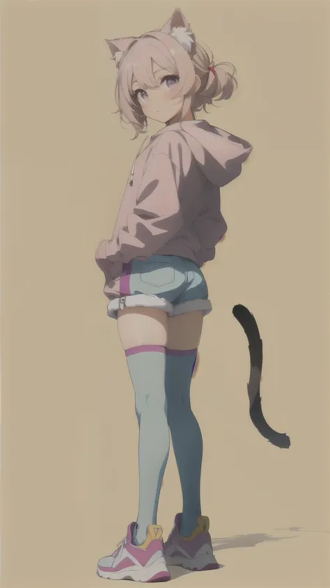 "A young anime girl wearing a pink hoodie with cat ears on the hood, long gloves matching the hoodie, and short white shorts with yellow trim. She has long beige or pale yellow stockings and white sneakers with red and yellow accents. A long, thin mew tail...