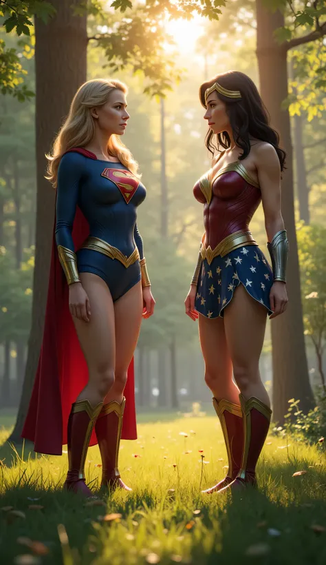 A highly detailed 3D-style scene in a wooded park during the day. Supergirl and Wonder Woman, now in excellent physical shape, are in a park surrounded by trees, engaged in deep conversation. Sunlight crosses the leaves, creating a peaceful and relaxing en...