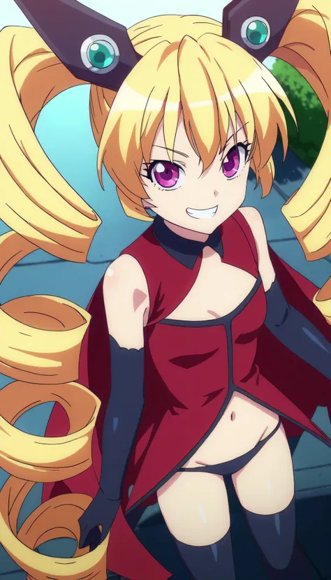  score_9, score_8_up,masterpiece,best quality,correct anatomy,anime_ source,1 girl,Alone,alone,perfect eye,Perfect Arms, perfect legs,perfect face,outdoor,upper body,(portrait:1.5),watching viewers,Face it,evil grin ,,Ruggles,very long hair,blond hair,twin...