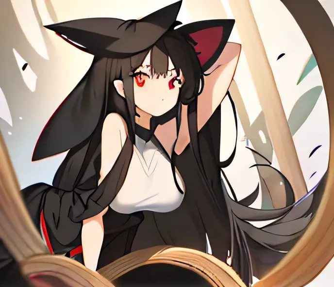 long black hair,  tall woman, big boobs, black tied dress with a chest neckline, white skin, red eyes like a cat, black cat ears and a black cat's broom 