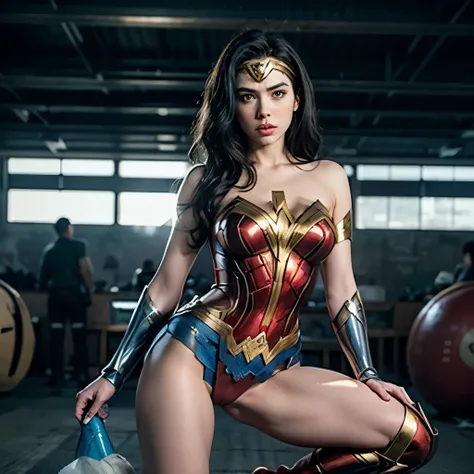 Wonder woman of "Justice League", hands tied, and with a dildo in his pussy