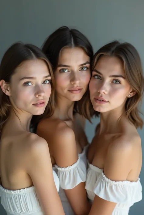 portrait of three 18-year-old girls on a grey background. only the shoulders and face should be visible, Also, the girls don't wear clothes and they look beautiful in Europe. Image size 1920x1080