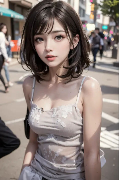 Colorful screen, Clear skies, staring at the viewer,on street, Camisole, looking at the viewer, brown short hair,