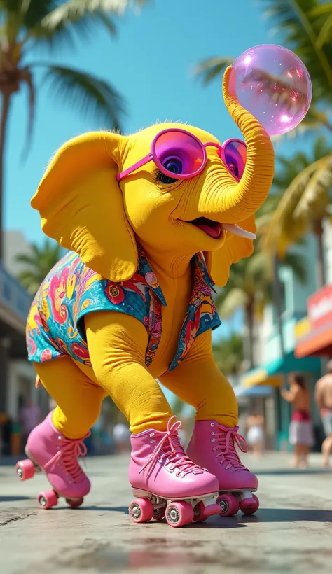 hyper-realistic and whimsical scene featuring a vibrant yellow elephant gliding effortlessly down a sunlit Miami beach street. The elephant’s radiant golden-yellow skin shines brightly under the tropical sunlight, its smooth texture catching every ray of l...