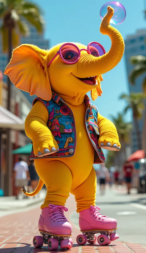 hyper-realistic and whimsical scene featuring a vibrant yellow elephant standing upright on its hind legs, gliding effortlessly down a sunlit Miami beach street. The elephant’s radiant golden-yellow skin shines brightly under the tropical sunlight, its smo...