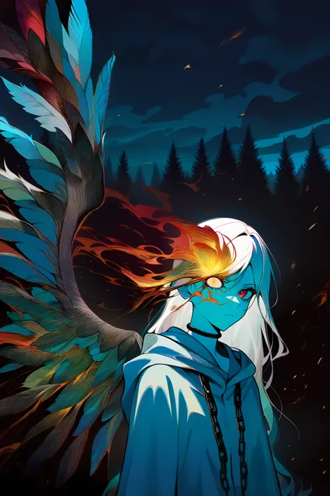 masterpiece, best quality, amazing quality, newest, very aesthetic, upper body, 1girl, (pyrokinesis), white hair, very long hair, yellow eye, red eye, heterochromia, glowing eye, hooded cloak, magic, embers, chained, covered by chains, single wing, feather...