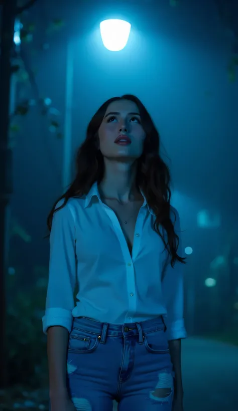A full body frontal shot of a beautiful woman with dark wavy hairstyle, ((very pale skin)), looking up at a streetlight, dressed in a pure white unbuttoned casual dress shirt, torn light blue skinny jeans, cinematic shot, cinematic composition, portrait, c...